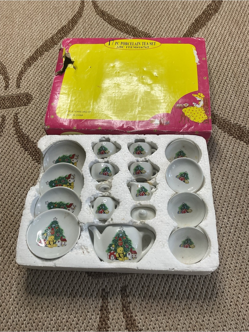 Vintage Mini Porcelain Tea Set with Christmas Tree Motif - White